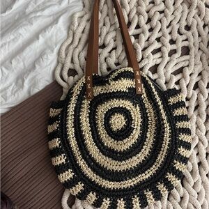 Billabong Black & Natural Woven Round Tote with Brown Handles